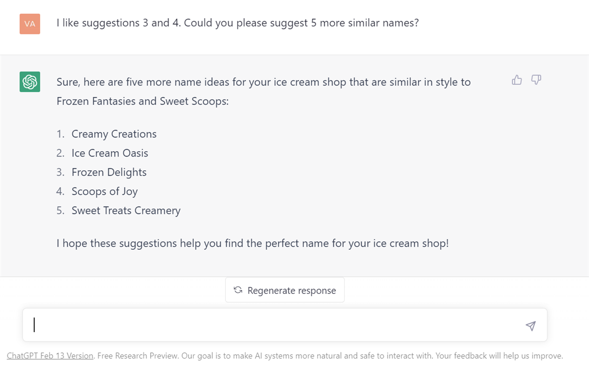 ChatGPT follow-up asking for five more names similar to suggestions 3 and 4, with five new ice cream shop names.