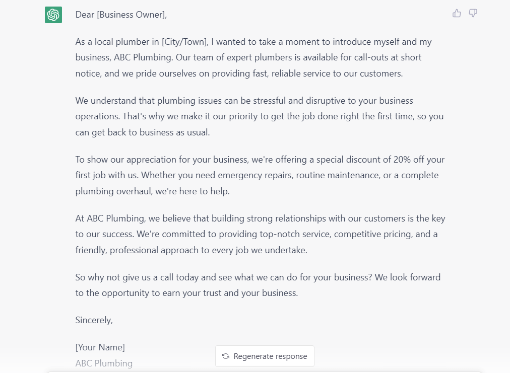 ChatGPT reply: a draft introduction email from a plumber, ABC Plumbing, offering 20% off a first job.