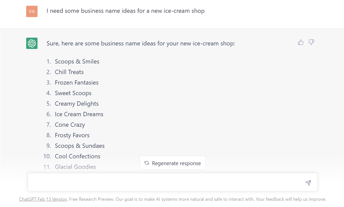 ChatGPT screen: the request 'I need some business name ideas for a new ice-cream shop' and a numbered list of names.