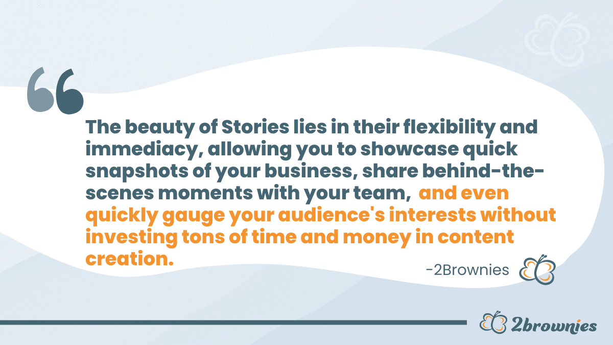 Quote card: 'The beauty of Stories lies in their flexibility and immediacy, showing behind-the-scenes moments quickly.'