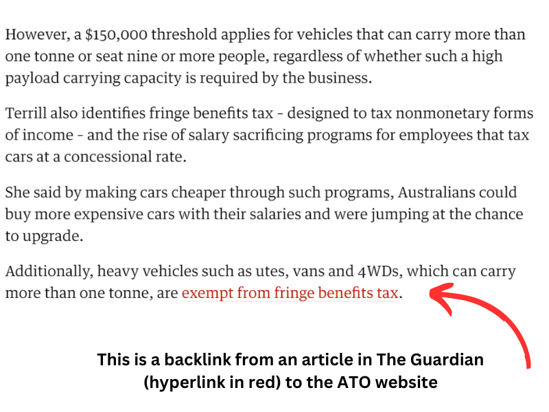 Newspaper article text with a red arrow showing a backlink from The Guardian to the ATO website.