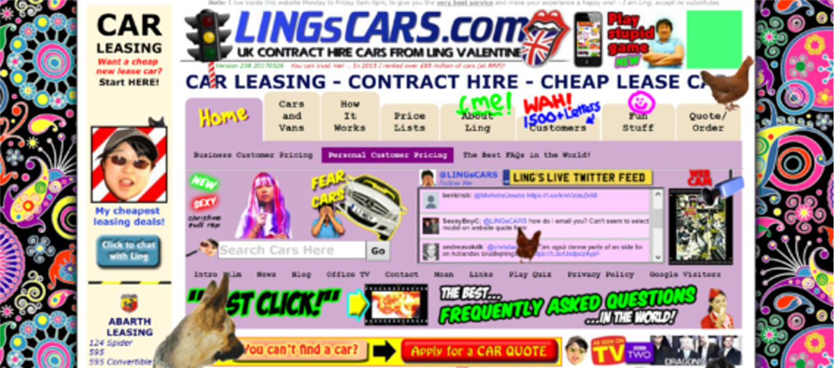 Example of a spammy website: a cluttered, garish car leasing page with flashing text, clashing patterns and clip art.
