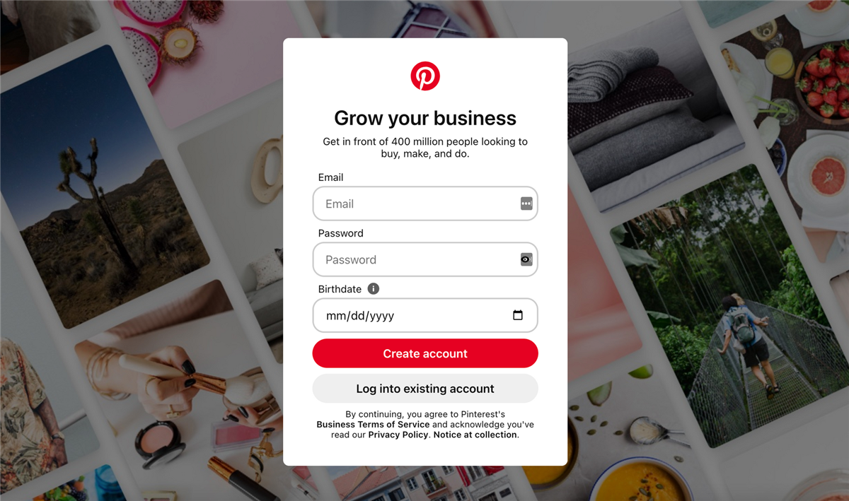 Pinterest for Business Sign up screen