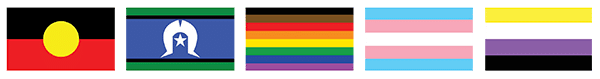 Aboriginal, Torres Strait Islander, Progress Pride, transgender and non-binary flags