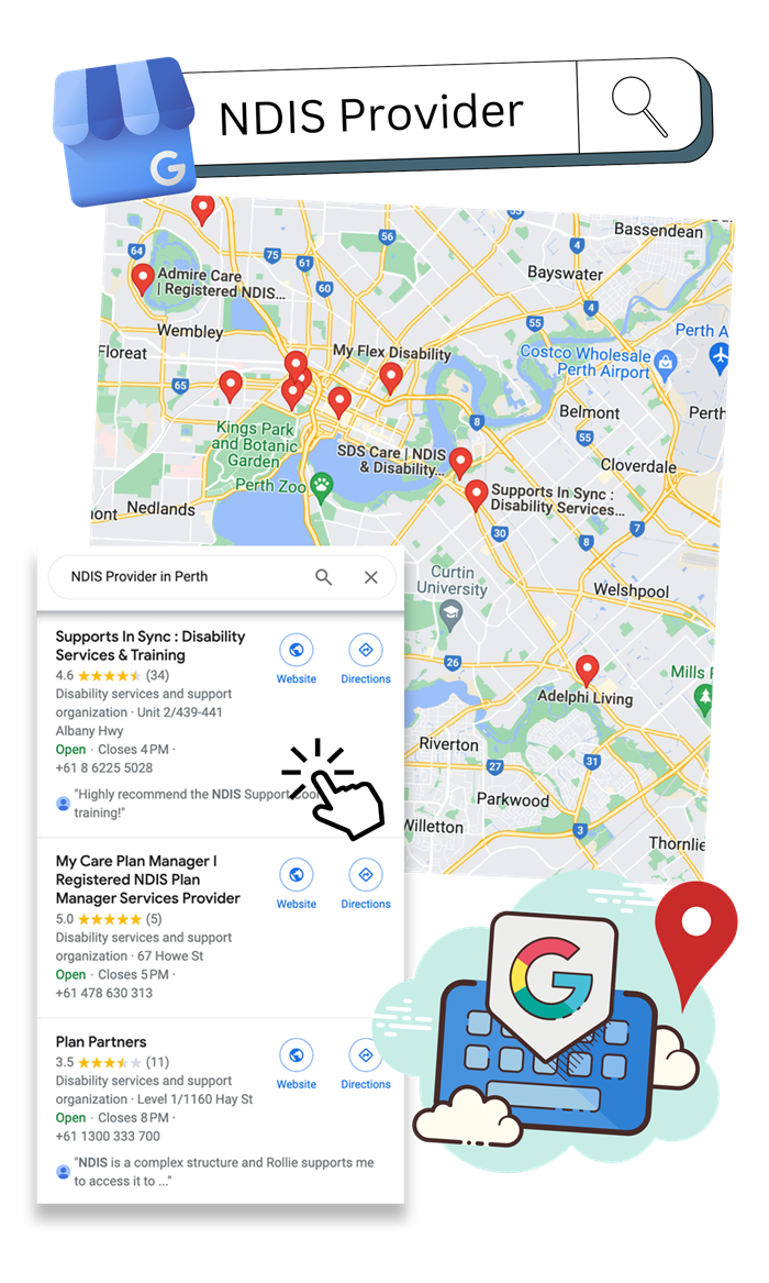 Google Maps search for NDIS Provider showing local business listings
