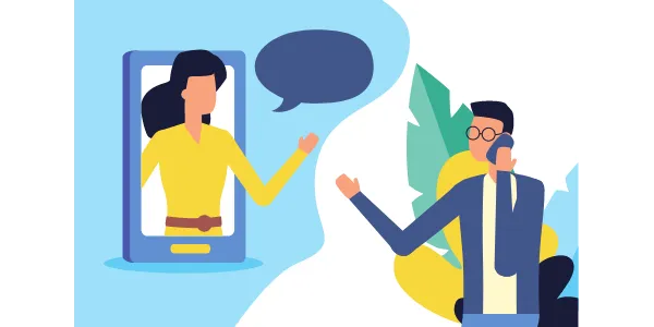 Illustration of a woman on a phone screen talking with a man on a call