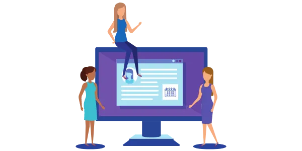 Illustration of three women around a large computer screen