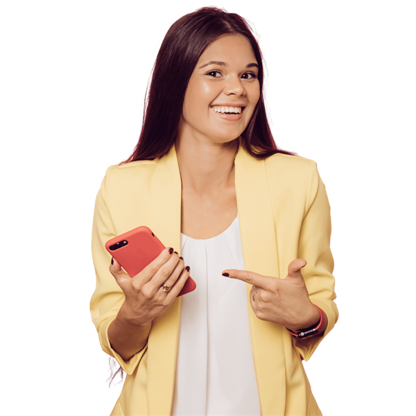 Smiling woman pointing at her phone